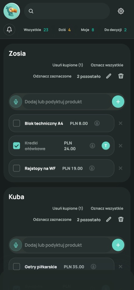 Listy zakupów Do-Do na telefonie (przykładowe dane)